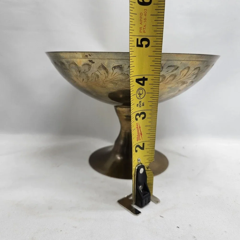 VINTAGE‎  ZY India World Gift Brass Footed Pedestal Bowl BRASS ETCHED